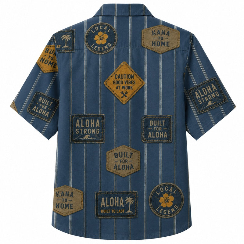 Labor Day Hawaiian Shirt- Workwear Patch Pinstripe Print for Workers