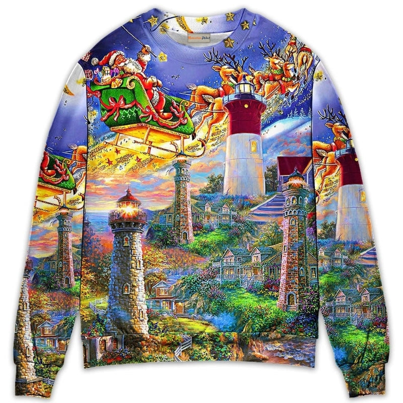 Lighthouse Christmas Santa Home Is The Light – Sweater - Ugly Christmas Sweater
