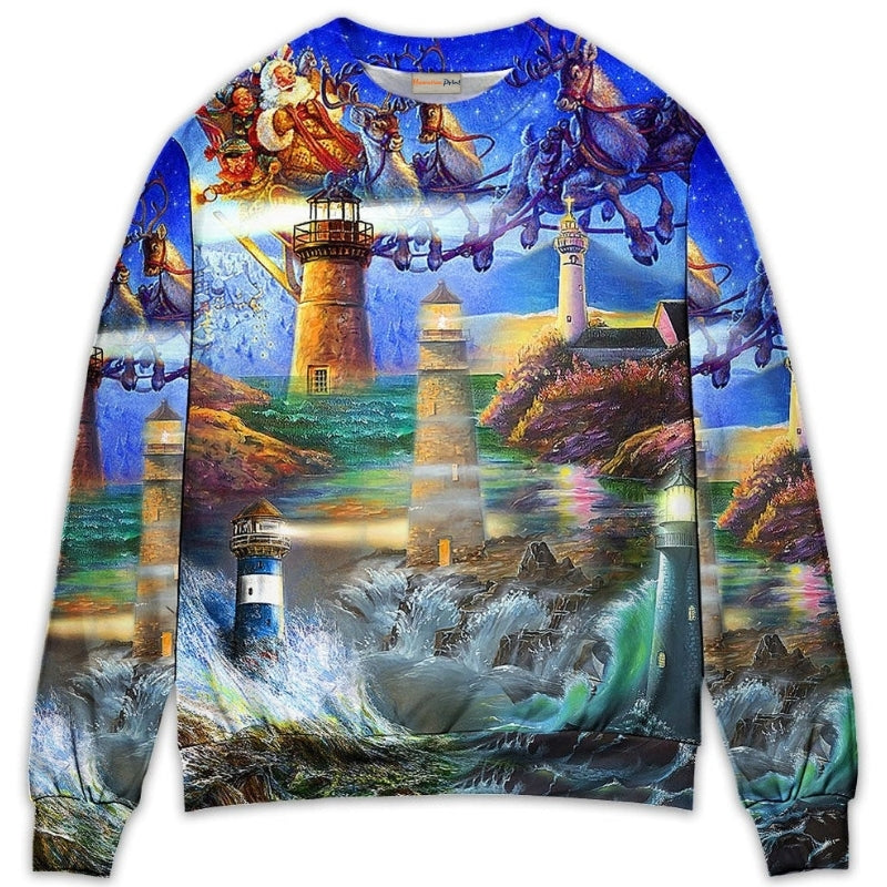 Lighthouse Christmas Santa Shine Like A Light – Sweater - Ugly Christmas Sweater