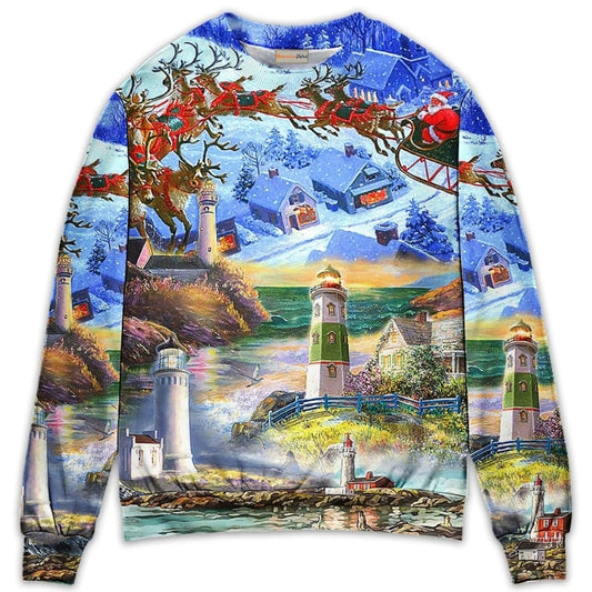 Lighthouse Christmas Santa Through The Storm – Sweater - Ugly Christmas Sweater