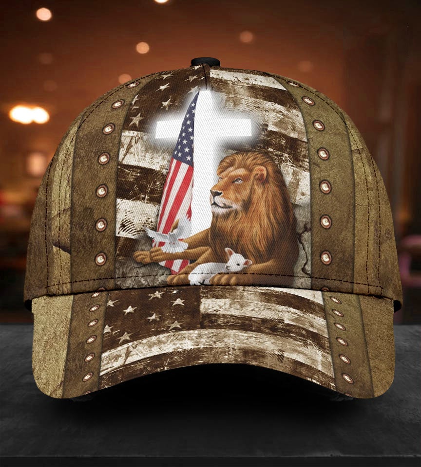 Lion Lamb Faith Cross American Flag – Classic Cap