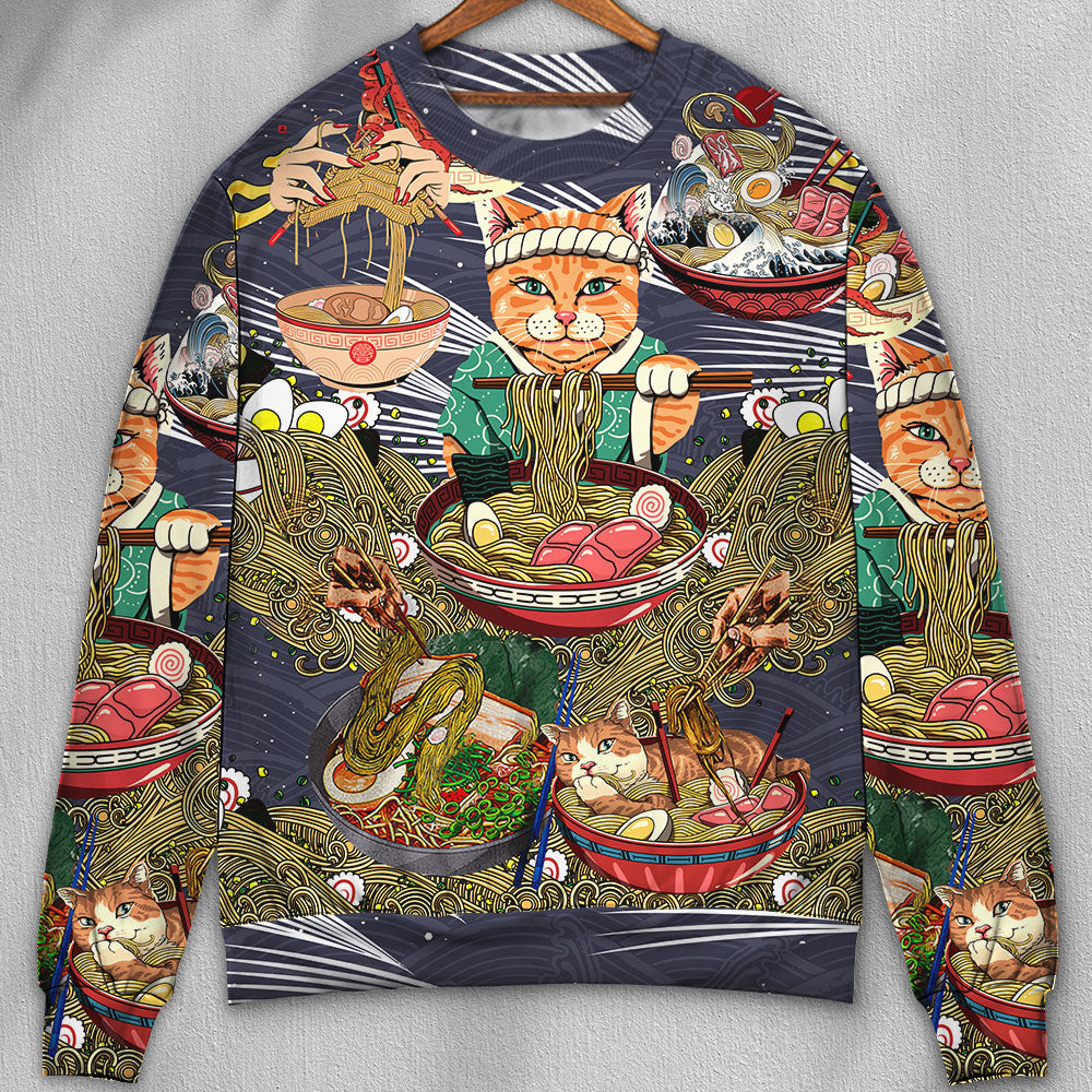 Lovely Cat Eating Ramen Art – Sweater - Ugly Christmas Sweater