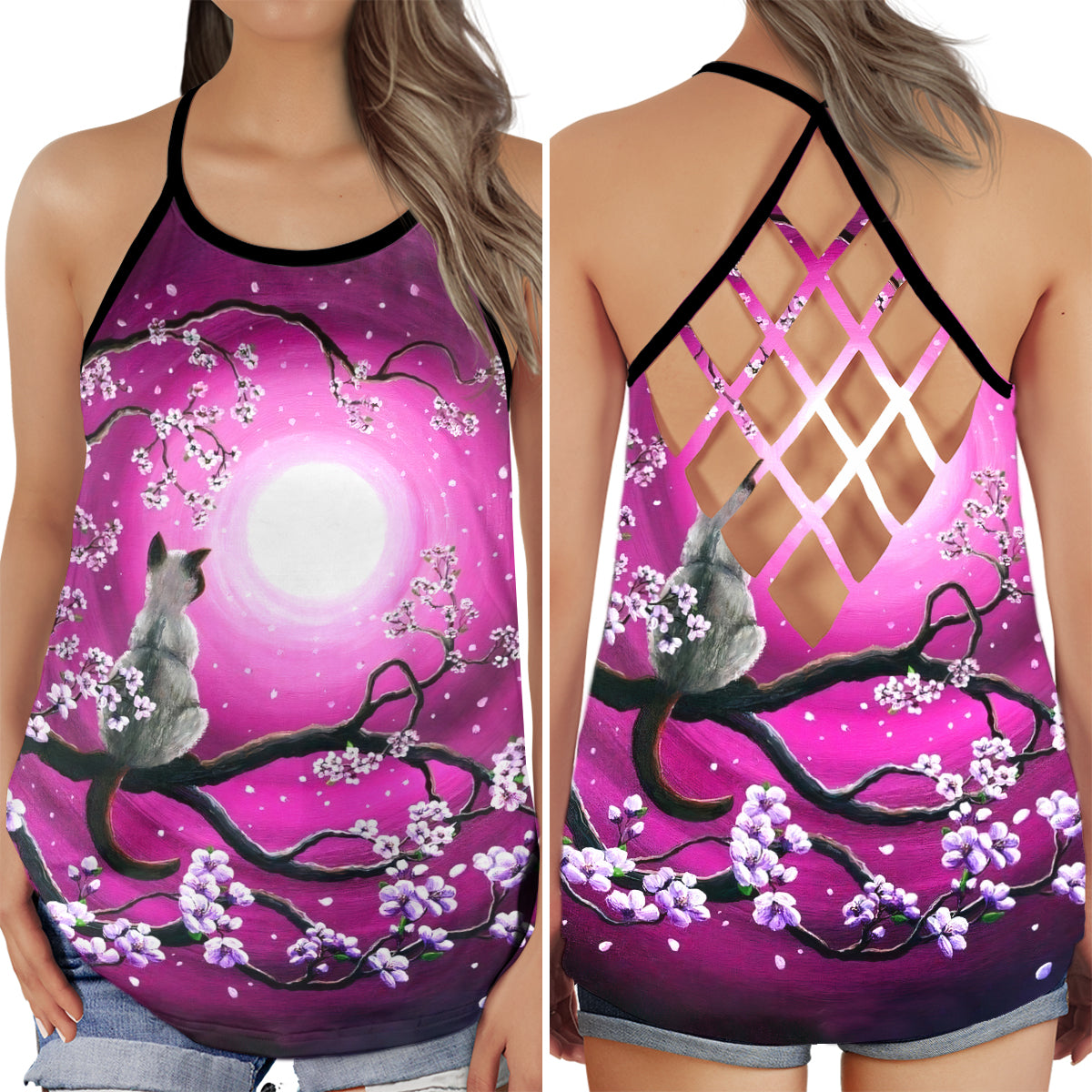 Cat Pink Night Peaceful Summer Collection – Hollow Tank Top