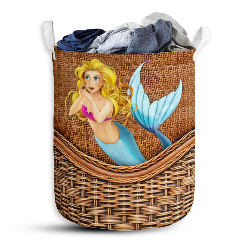 Mermaid Cute Spaniel Rattan Texture - Laundry Basket - Owls Matrix LTD