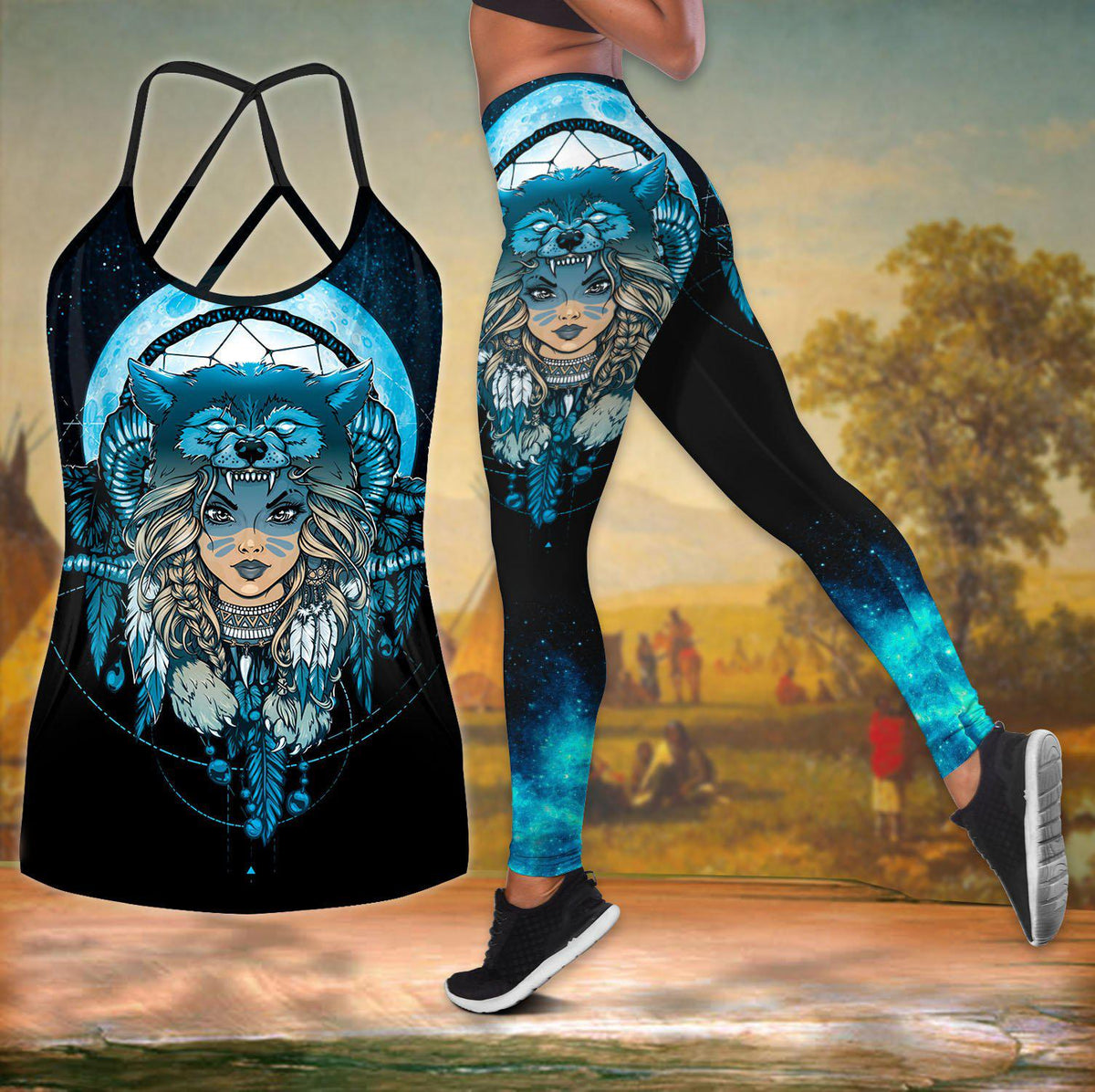 Native Girl Wolf Dreamcatcher Blue – Hollow Tank Top