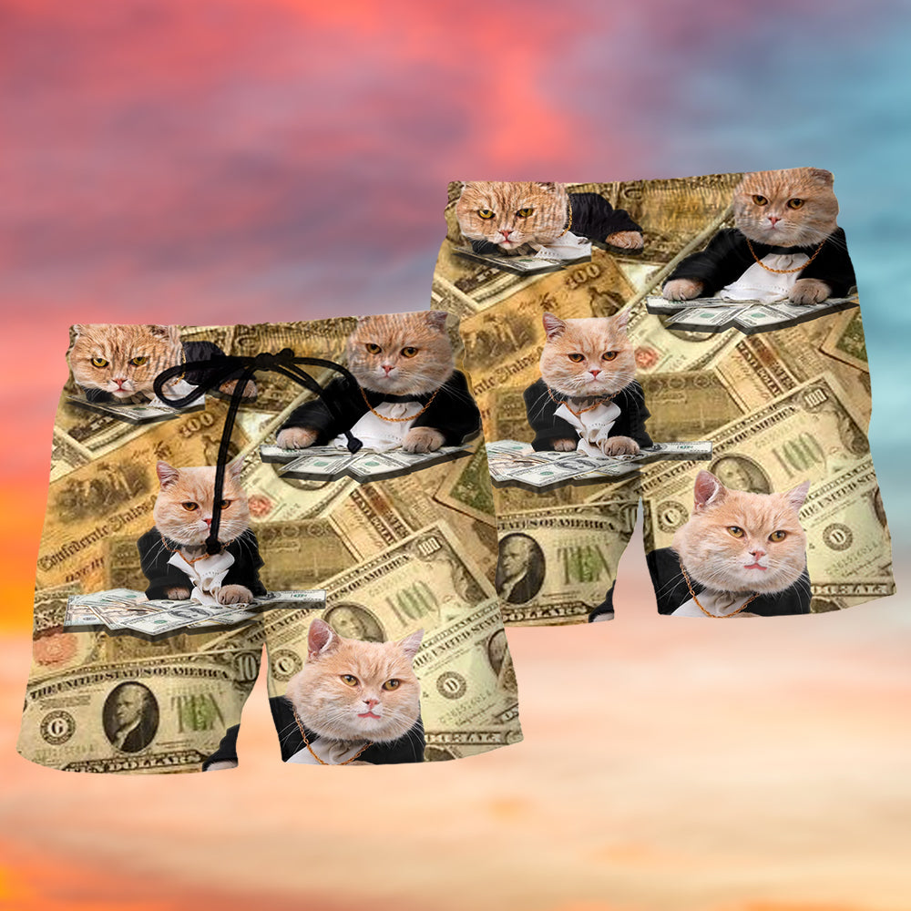 Vintage Money Cat Fun Illustration – Beach Short