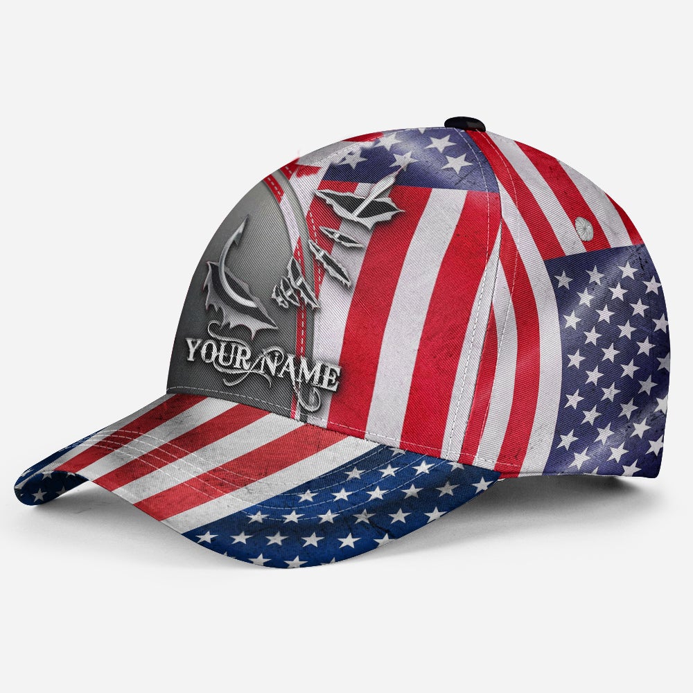 Custom Fishing Hook American Flag Personalized Name – Classic Cap