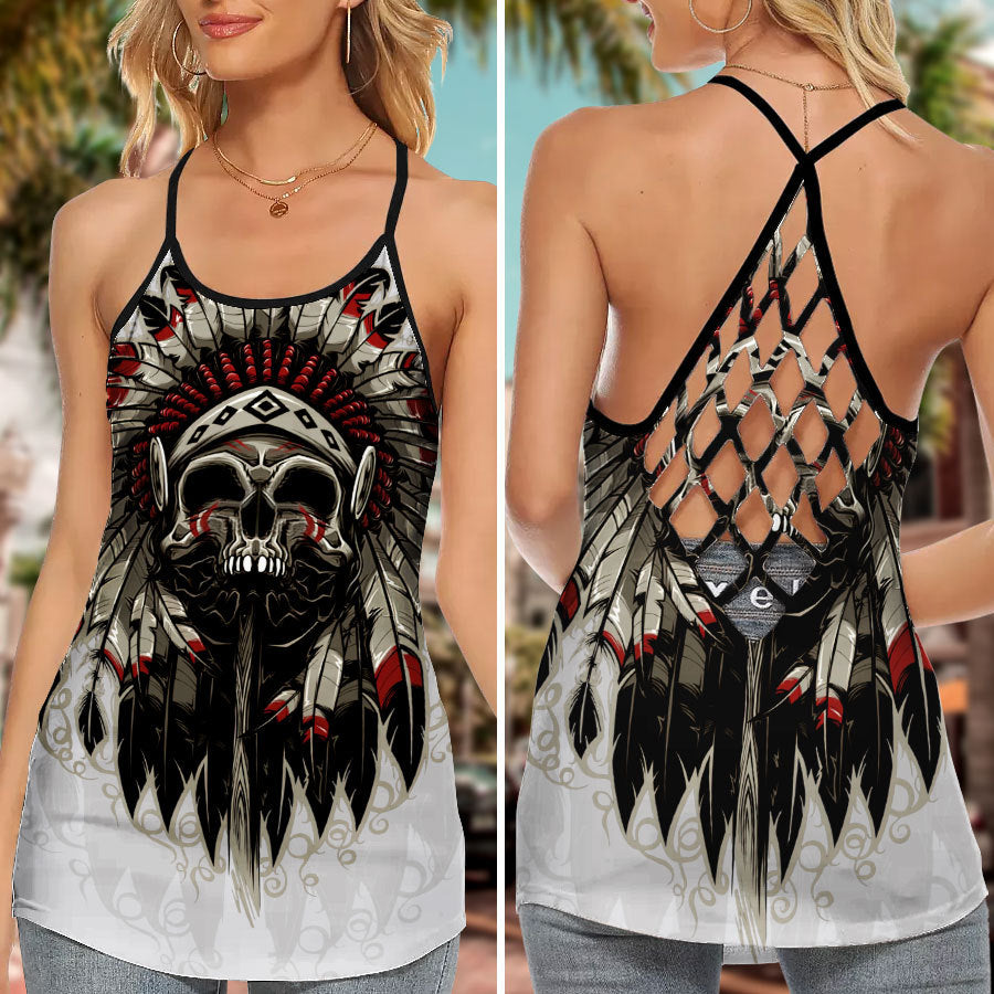 Native American Skull Feathers Tribal Spirit Art Style - Hollow Tank Top