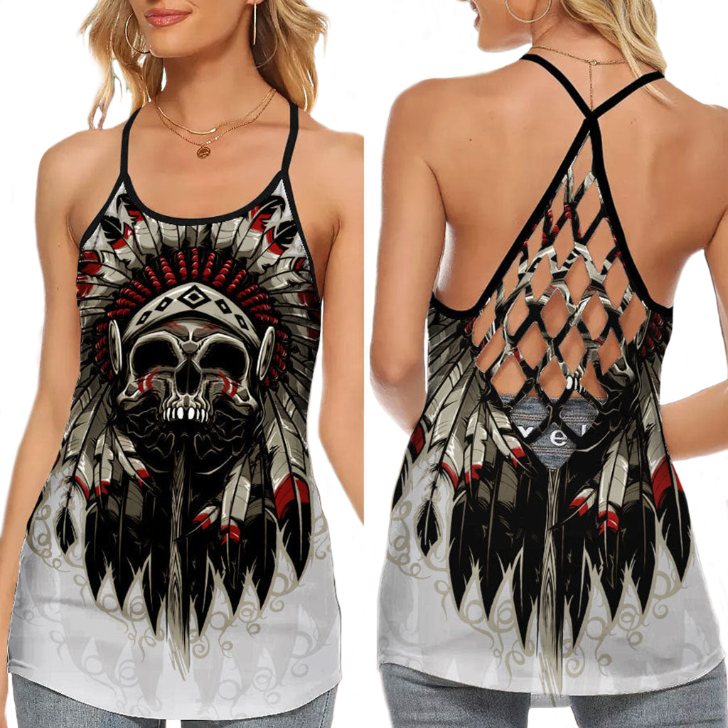 Native American Skull Feathers Tribal Spirit Art Style - Hollow Tank Top