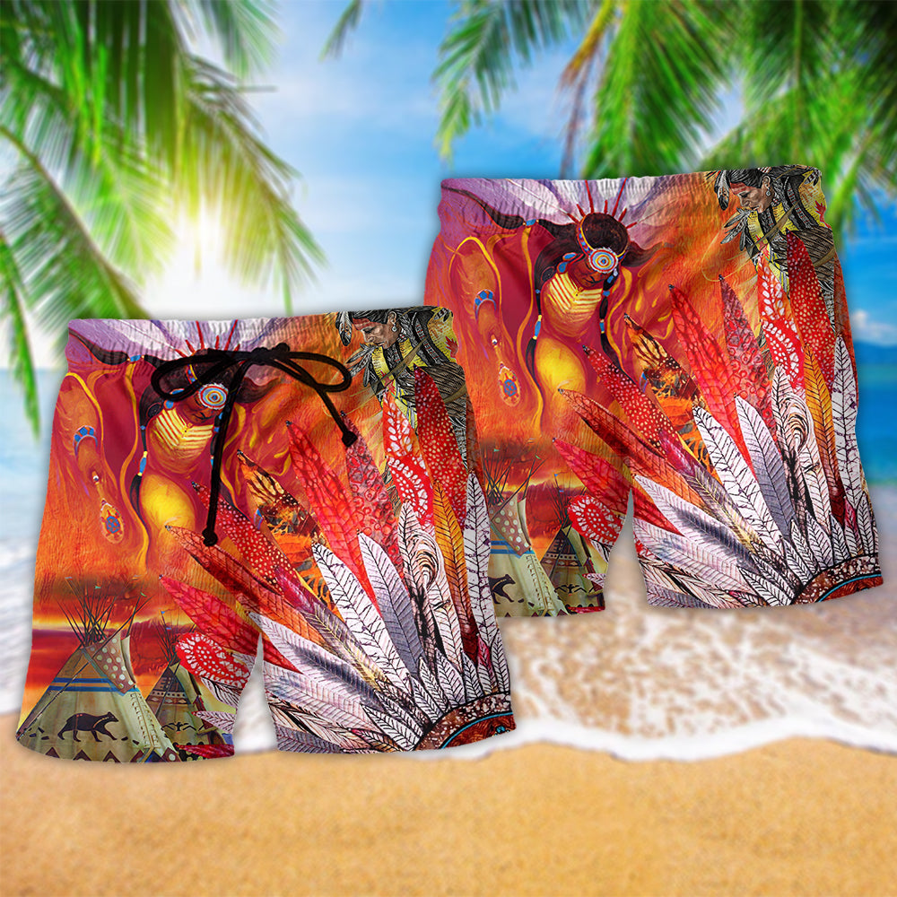 Native Fire Spirit Red Art - Beach Short