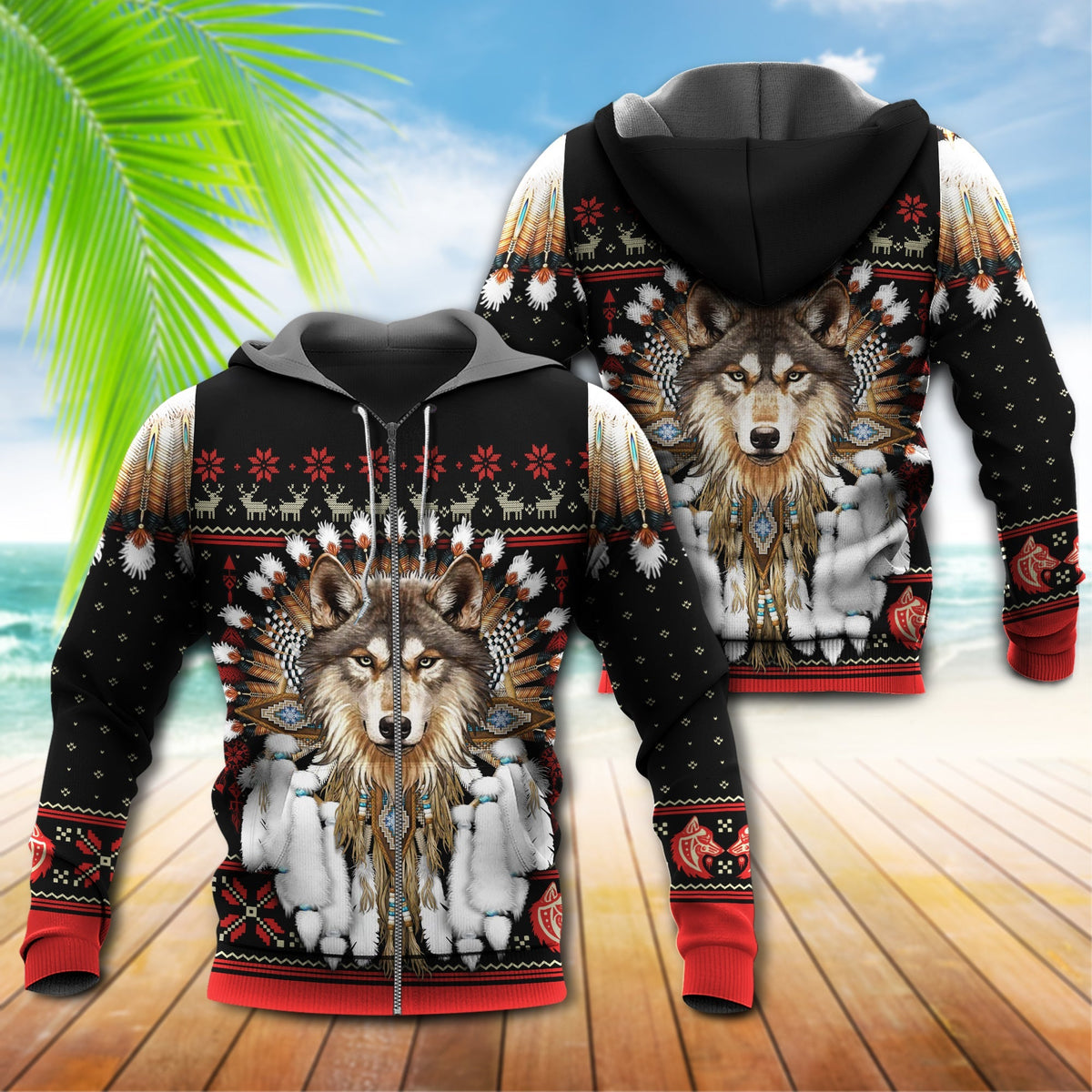 Native Wolf Headdress Red Black – 3D Hoodie