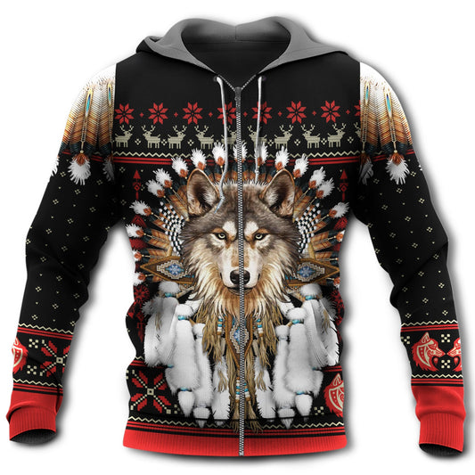 Native Wolf Headdress Red Black - 3D Hoodie