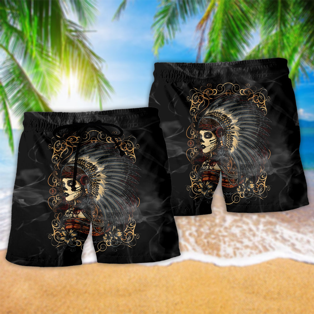 Native Girl Skull Artistic Style - Beach Short