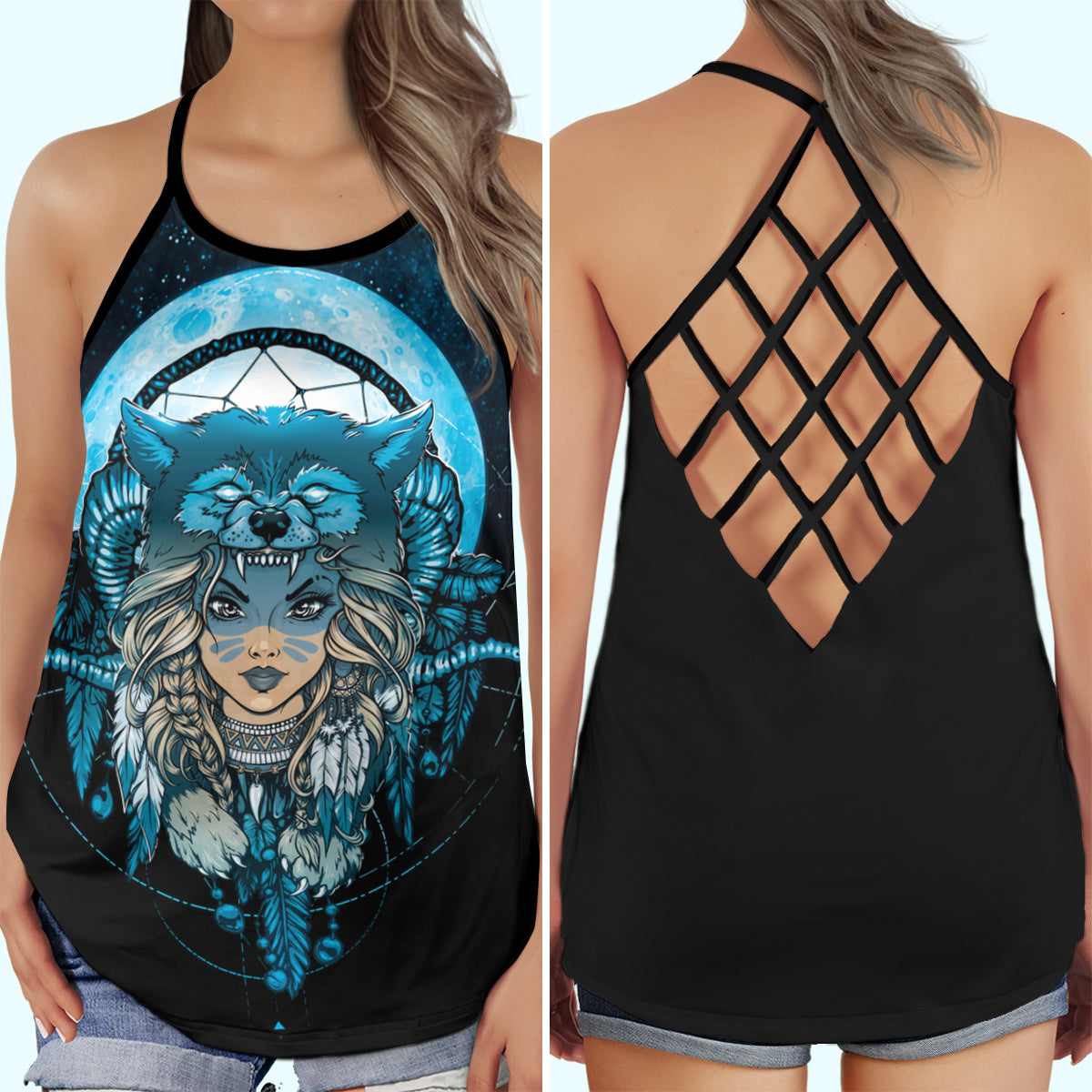 Native Girl Blue Wolf Dreamcatcher – Hollow Tank Top