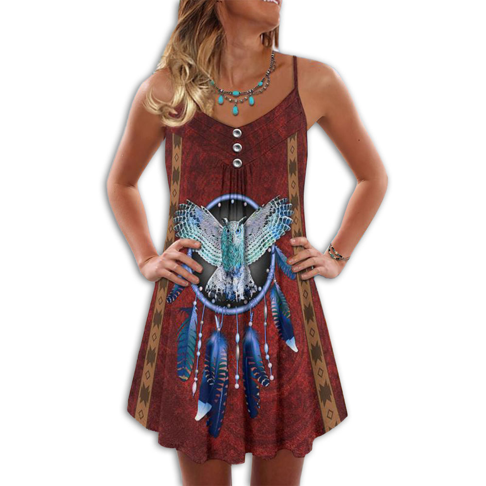 Native Owls Dreamcatcher Vibes – Women's Summer Sleeveless V-Neck Camisole Dress