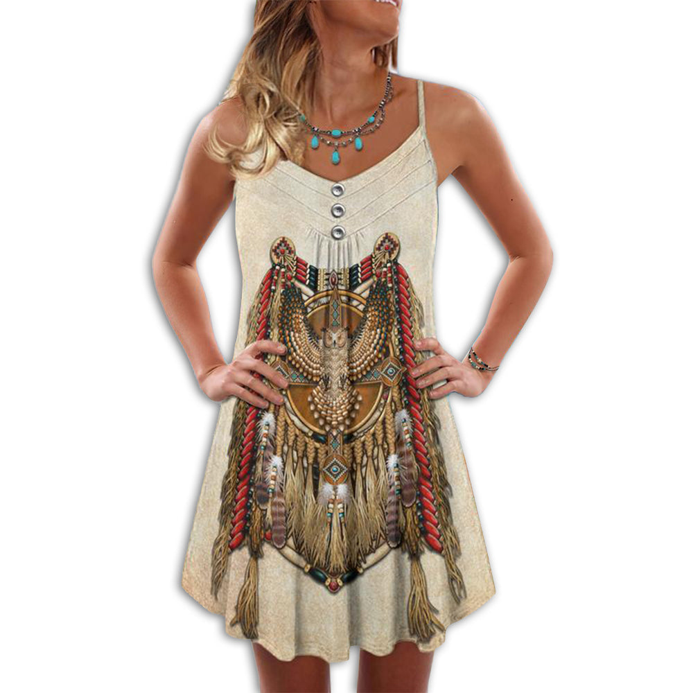 Native Owls Summer Pattern – Women's Summer Sleeveless V-Neck Camisole Dress