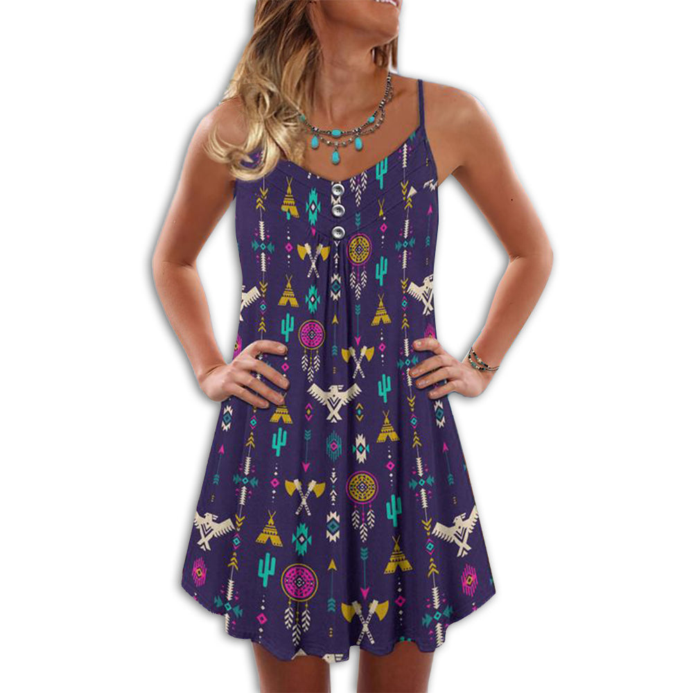 Native Purple Summer Pattern – Women's Summer Sleeveless V-Neck Camisole Dress