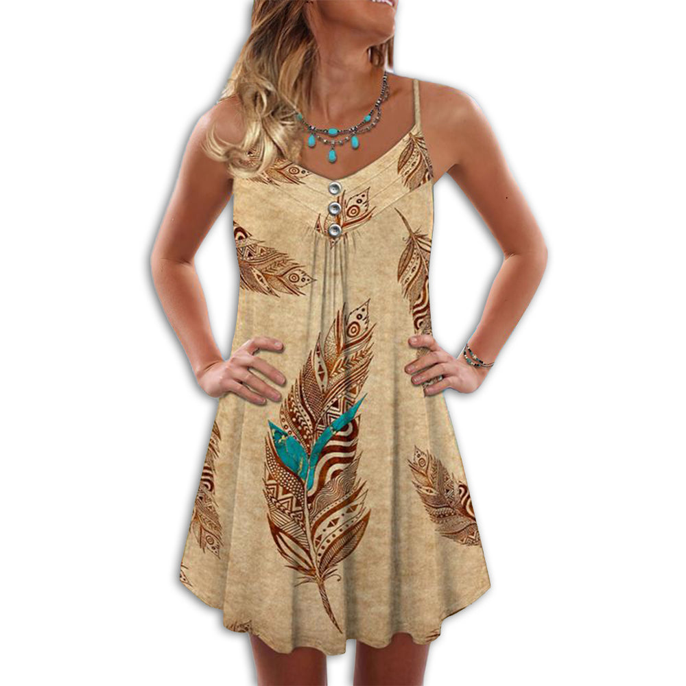 Native Feather Peaceful Vibes – Women's Summer Sleeveless V-Neck Camisole Dress