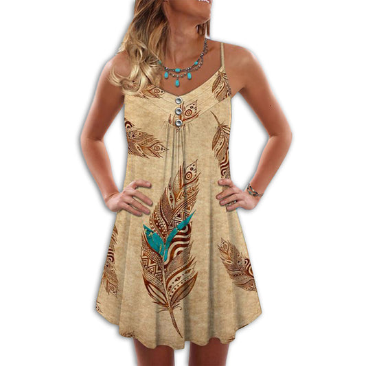Native Feather Peaceful Vibes – Women's Summer Sleeveless V-Neck Camisole Dress