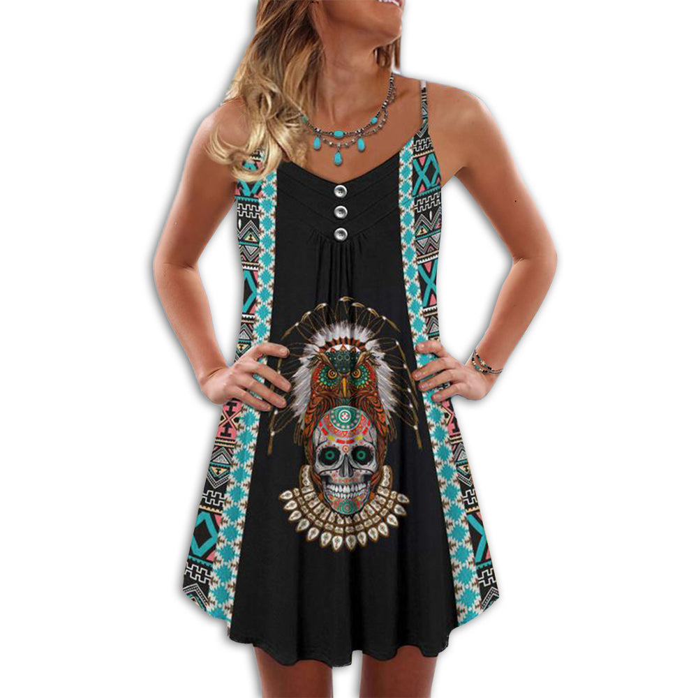 Native Skull Summer Pattern – Women's Summer Sleeveless V-Neck Camisole Dress