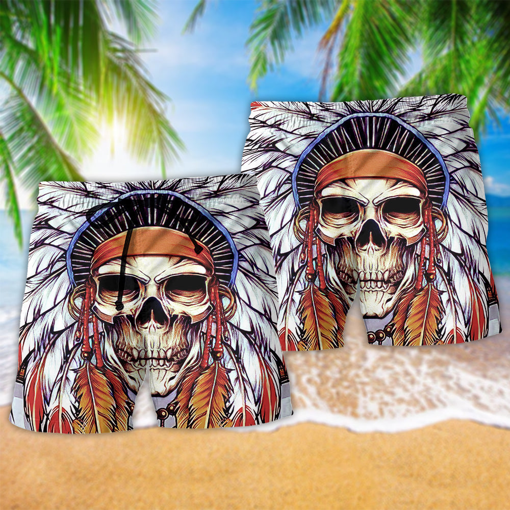 Native Style Skull Feather Love Peace Art – Beach Short