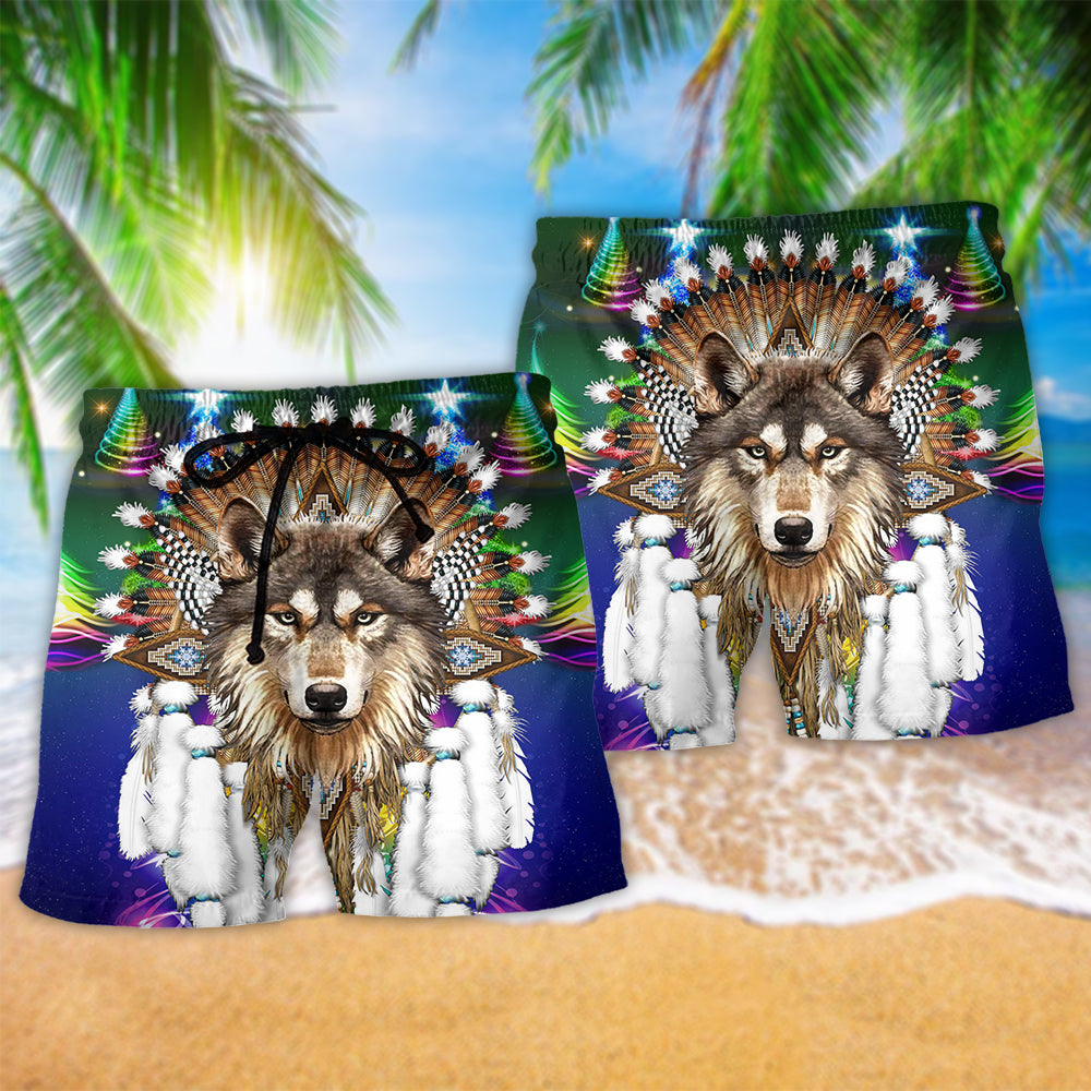 Native Wolf Merry Christmas Winter Art – Beach Short