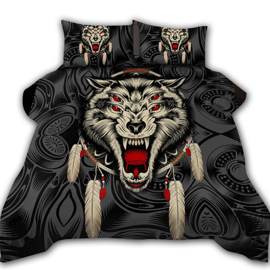 Black And White Native Wolf Bedding Cover For Nature Bedroom Decor