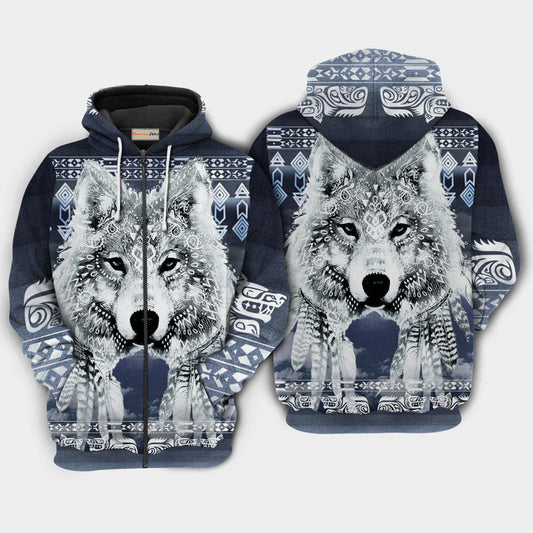 Native Wolf White Style Art – 3D Hoodie