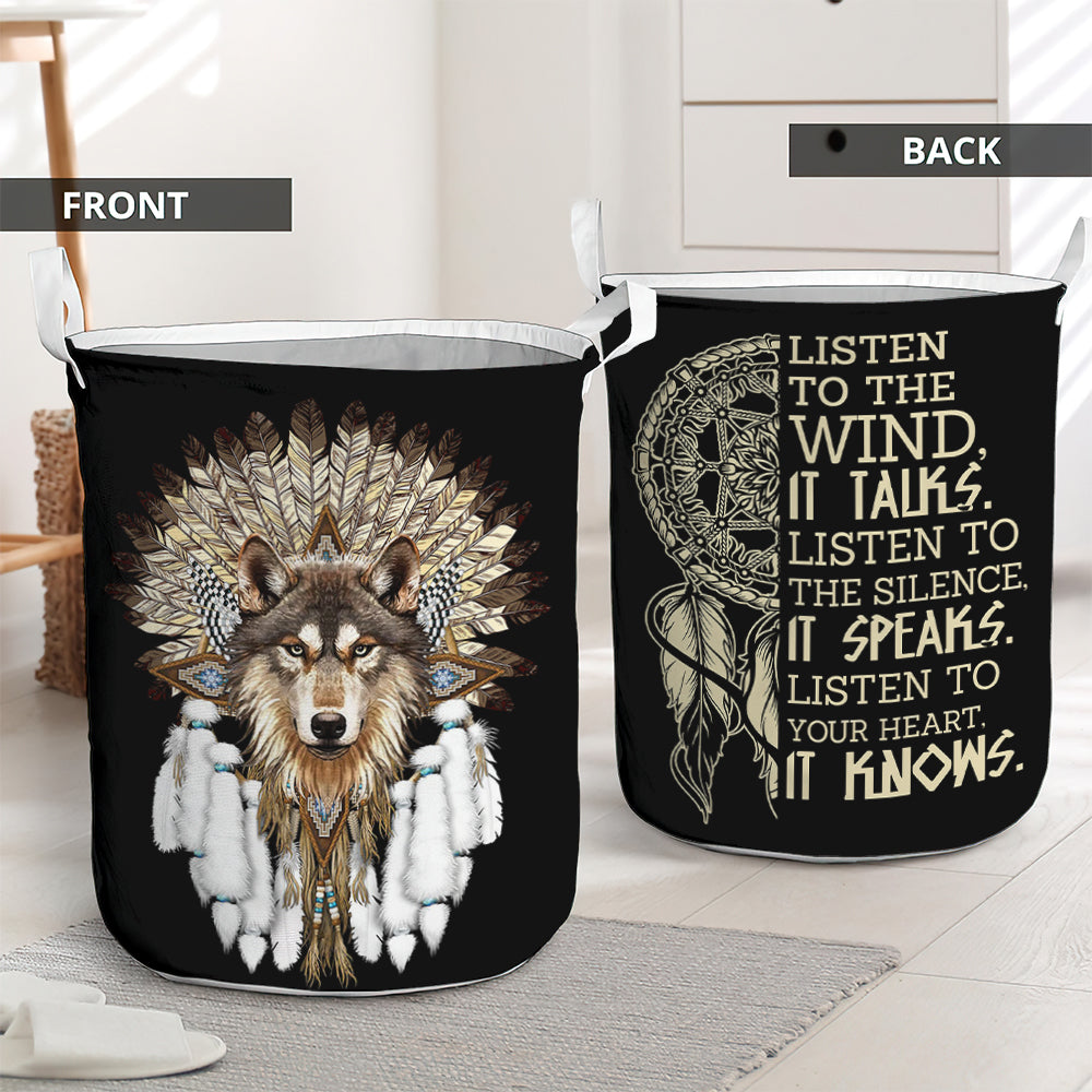 Native wolf listen to the wind - Laundry basket - LAUB04LIN120222-Owls Matrix