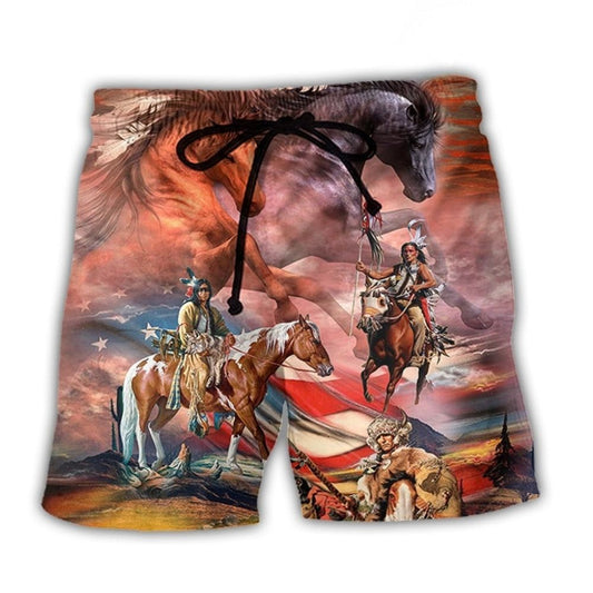 Native American Horse USA Flag Independence Day - Beach Short