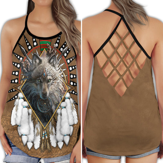 Native Wolf Dreamcatcher Brown Pattern - Hollow Tank Top