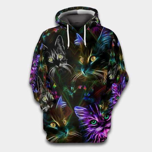 Neon Cats In Darkness Art – 3D Hoodie