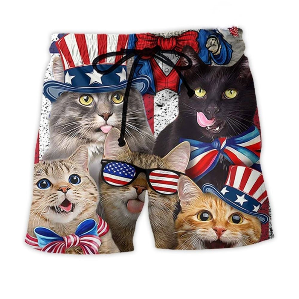 Patriotic Cat Independence Day Art - Beach Short