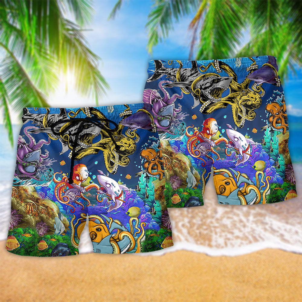 Shark Vs Octopus Ocean Art - Beach Short