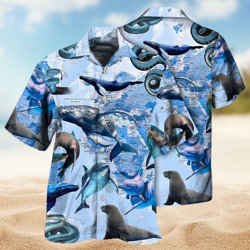 Ocean Life World Map - Hawaiian Shirt