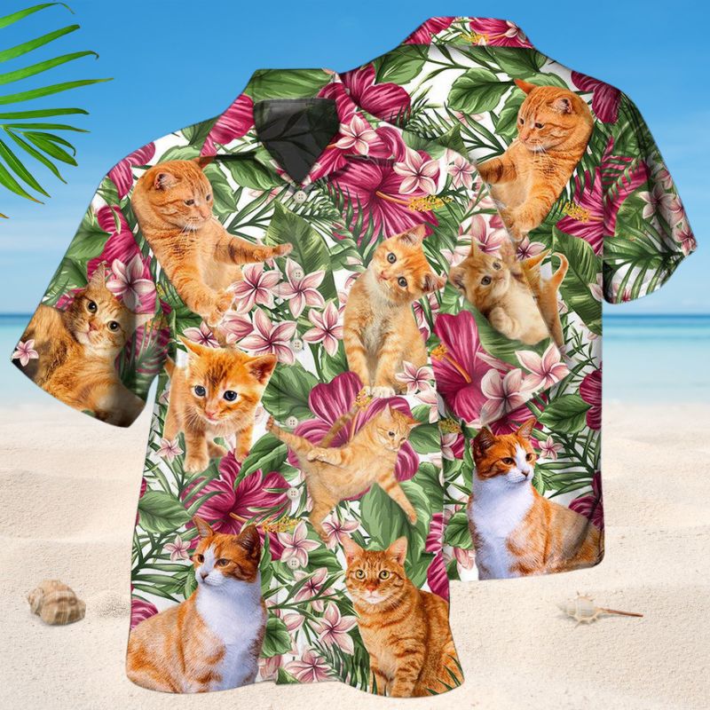 Orange Cat Tropical Floral Style – Hawaiian Shirt