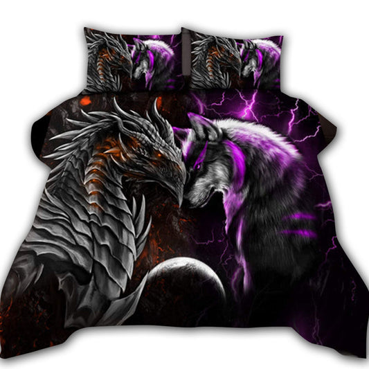 Orange And Purple Dragon And Wolf Fantasy Bedding Cover For Fantasy Bedroom Decor