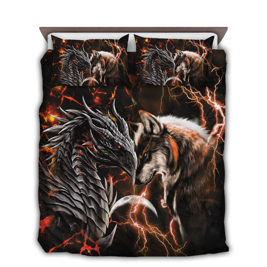 Orange Dragon And Wolf Fantasy Bedding Cover For Fantasy Bedroom Decor