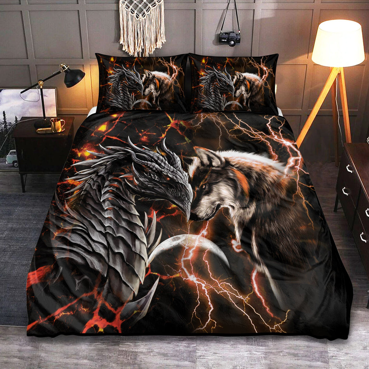 Orange Dragon And Wolf Fantasy Bedding Cover For Fantasy Bedroom Decor