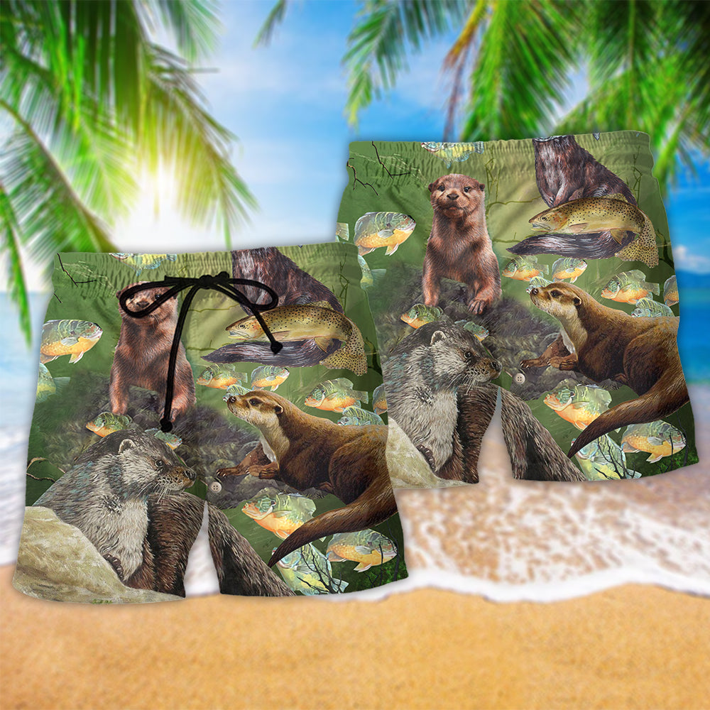 Otter Busy Fishing Day Wildlife Art – Beach Short