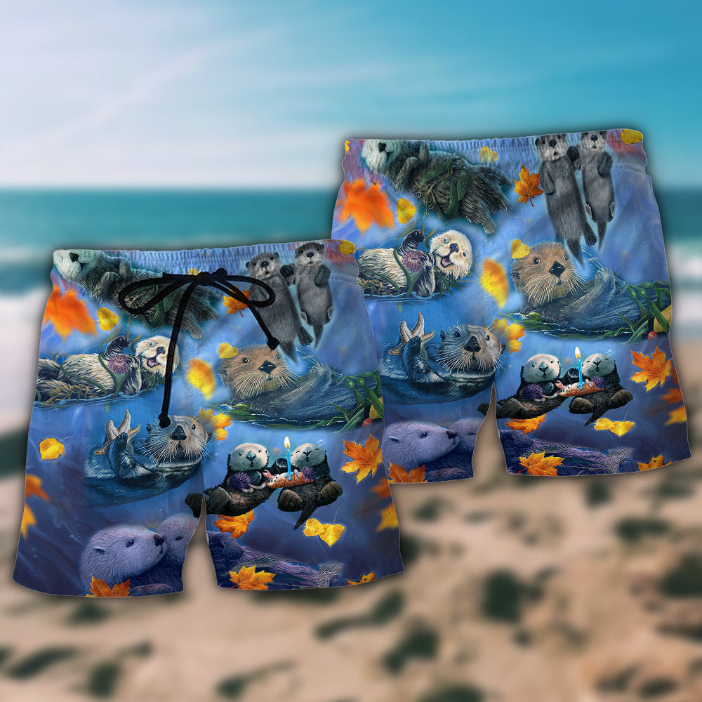 Otter Couple Love With Maple Leaf Art – Beach Short