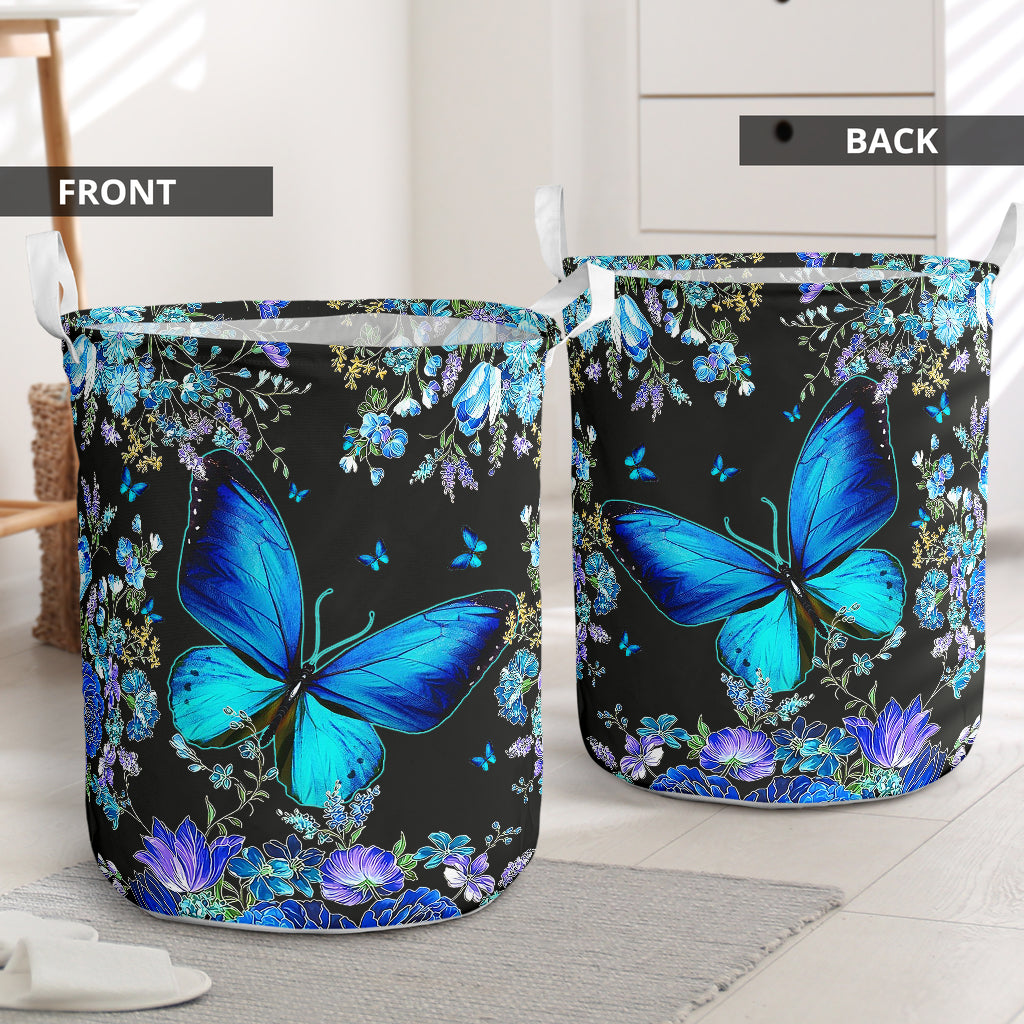 Blue butterfly flower - Laundry basket-Owls Matrix