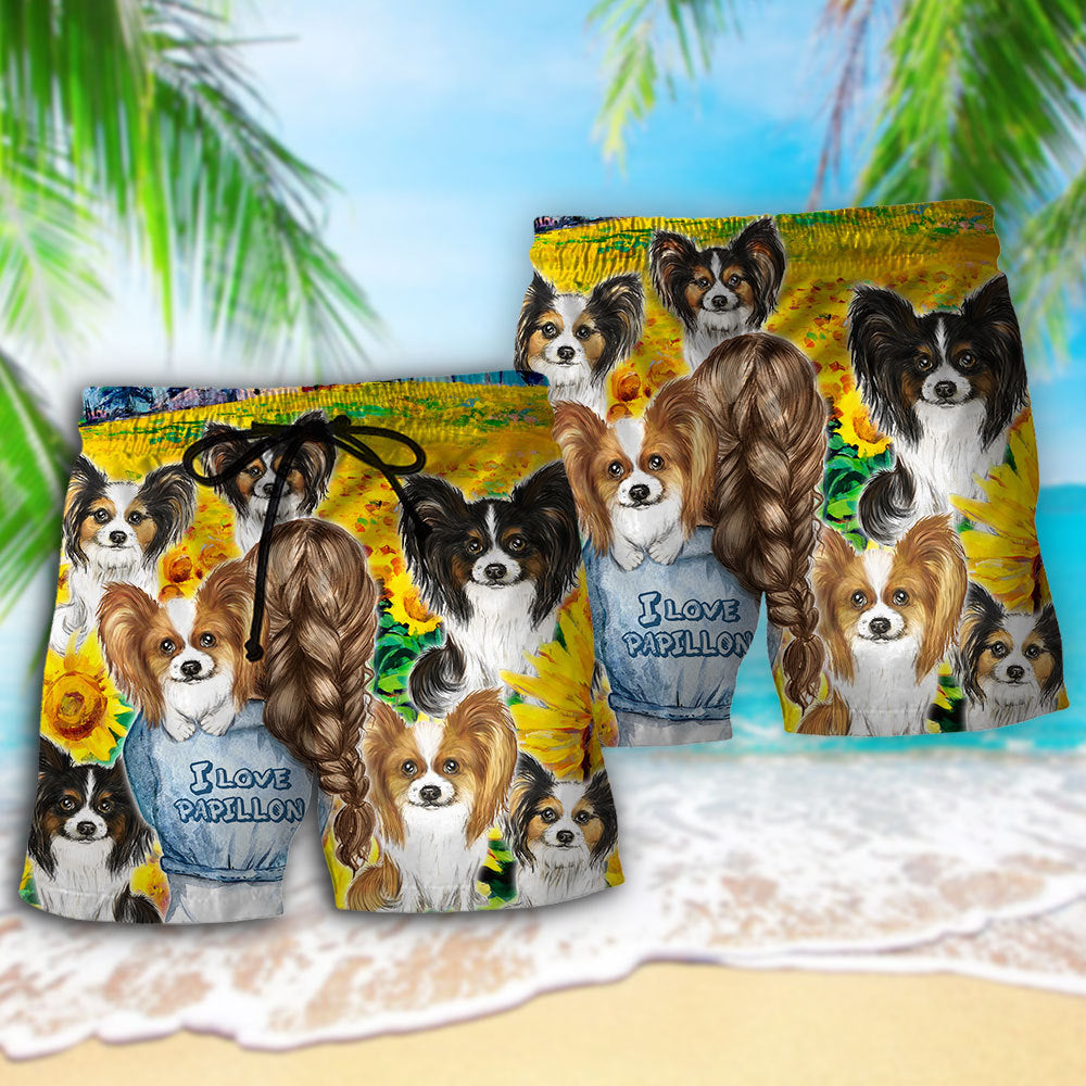 Papillon Dog Sunflower Art – Beach Short