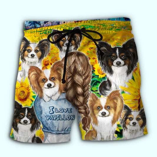 Papillon Dog Sunflower Art – Beach Short