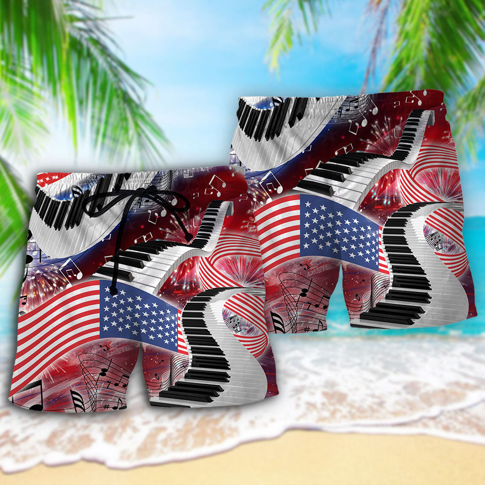 Piano Music Lover USA Flag Independence Day - Beach Short - Owls Matrix LTD