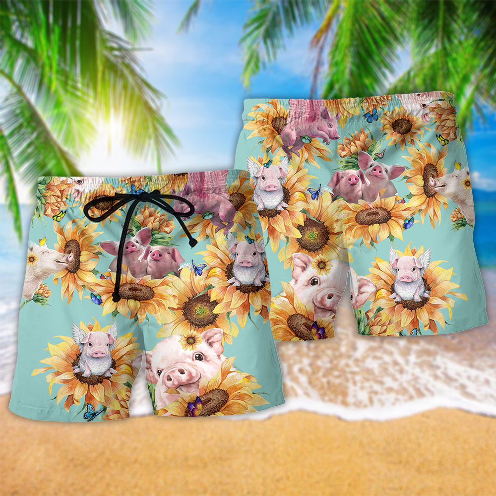 Pig Sunflower Animal Love Art - Beach Short