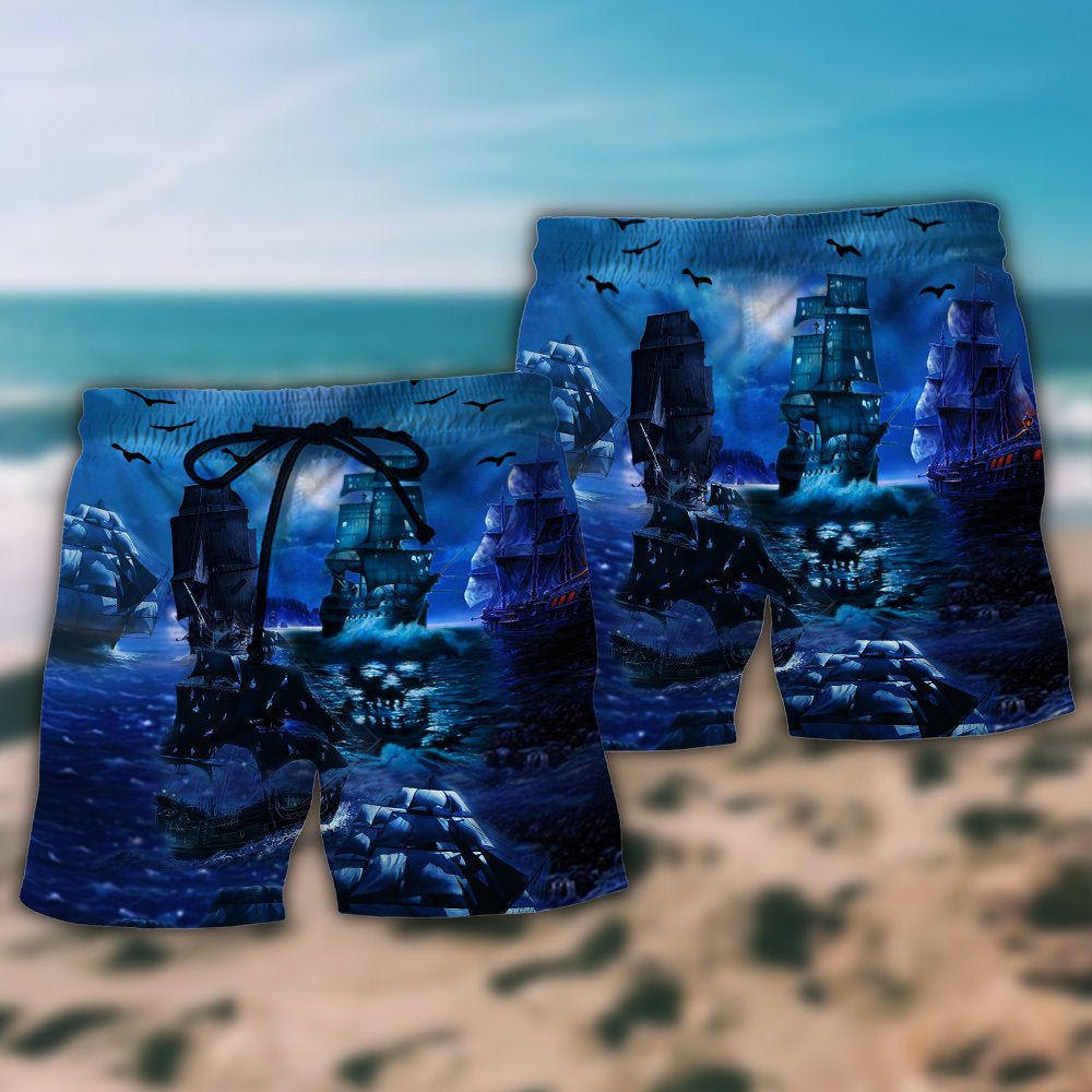 Pirate Ship Moonlight Sea Scene – Beach Short