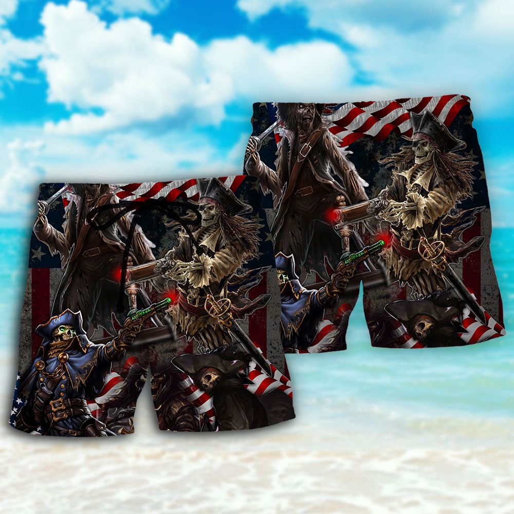 Pirate Skeleton USA Flag Independence Day - Beach Short - Owls Matrix LTD