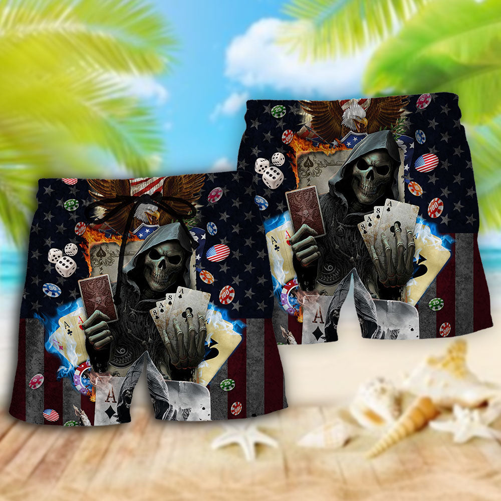 Poker Skull Flame US Flag Independence Day - Beach Short - Owls Matrix LTD