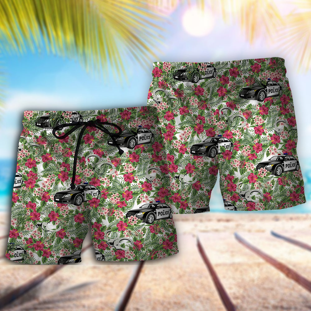 Police Car Floral Leaf Tropical Style – Beach Short